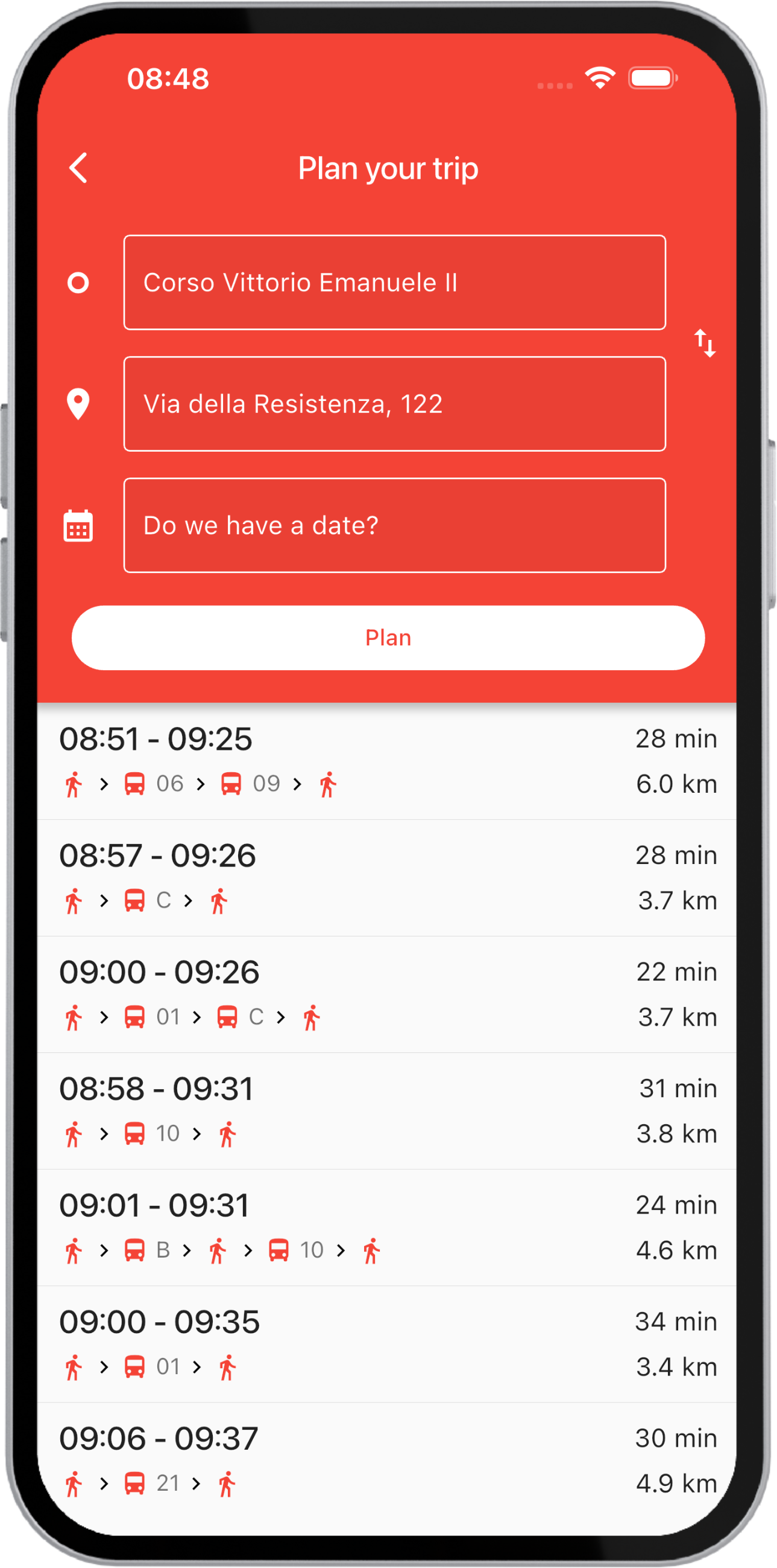 Route planning input screen