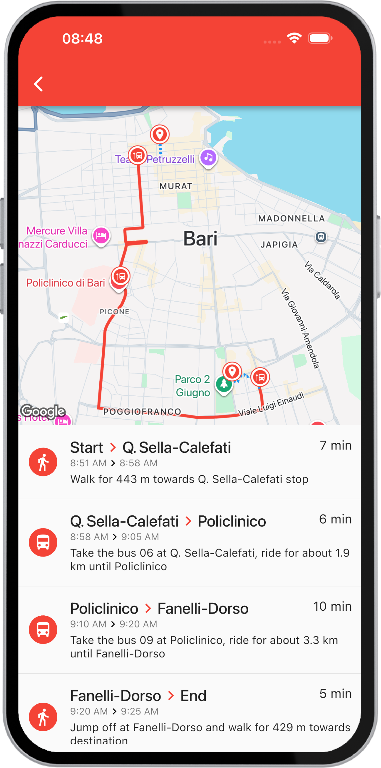 Trip planning results screen