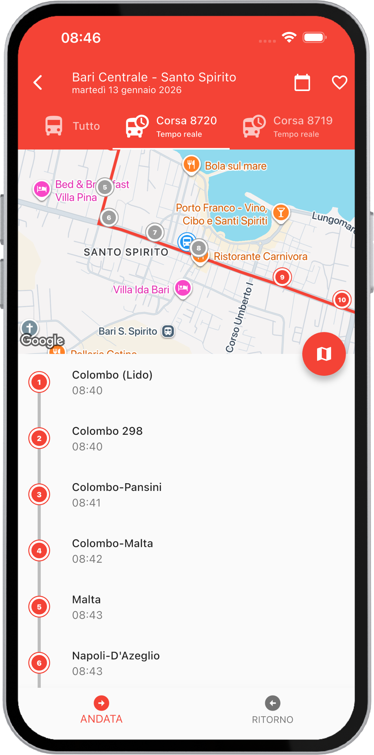 Tracciamento bus in tempo reale sulla mappa
